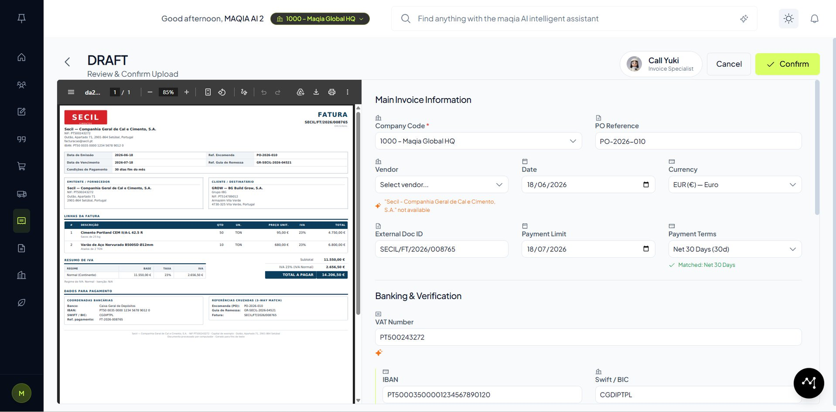 maqia invoice review screen with extracted fields and a 3-way match against PO and goods receipt